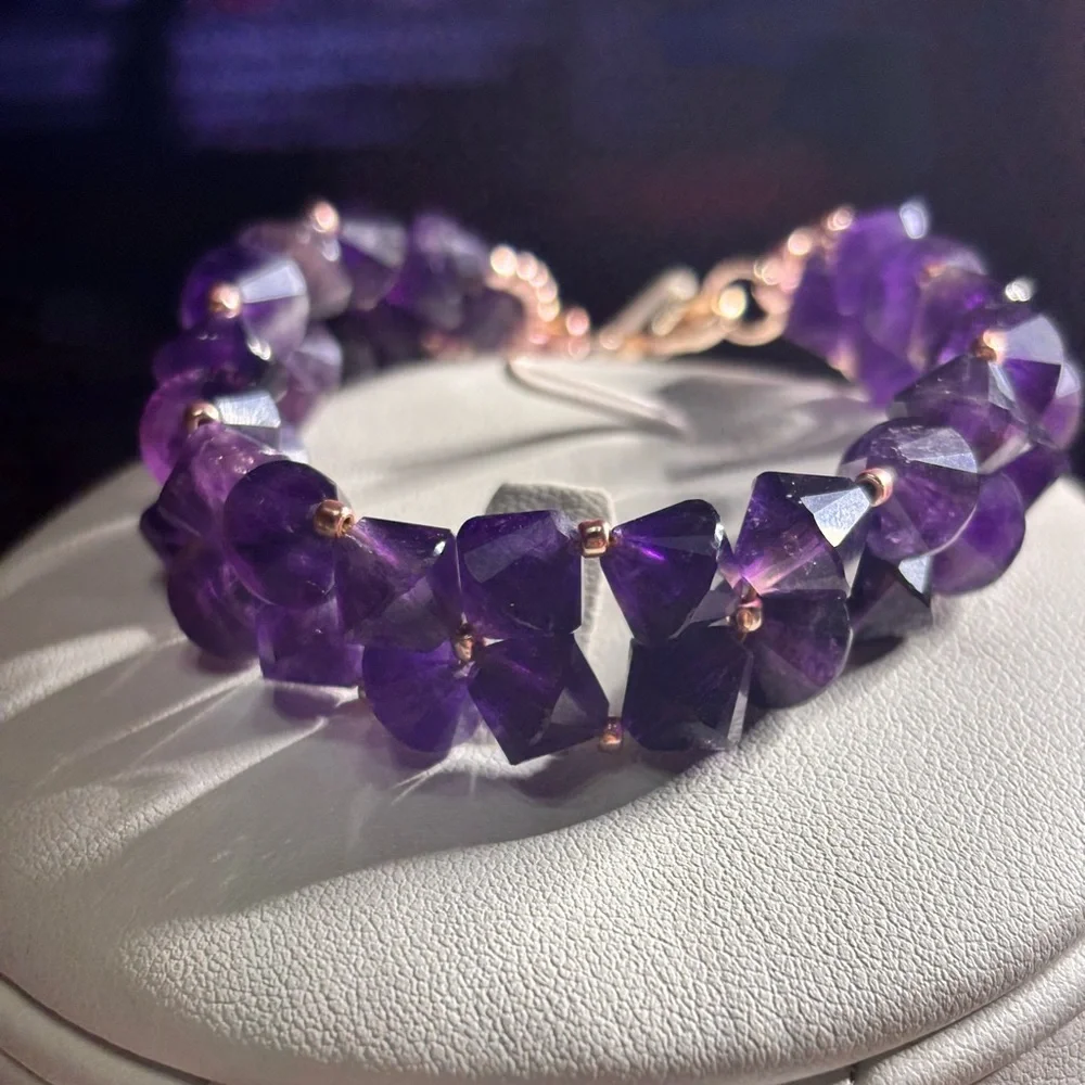 Handmade Amethyst Gemstone Bracelet rose gold tone lobster claw clasp 7.5 inches - Picture 6 of 9